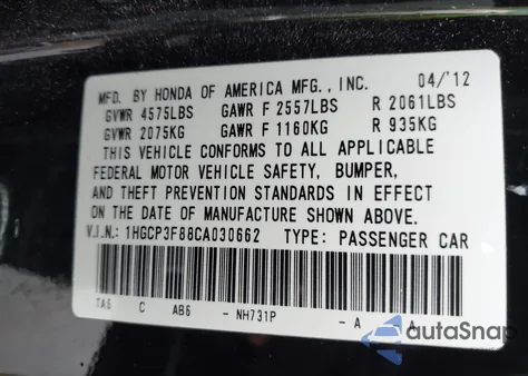 2012 Honda Accord 3.5 Ex-L from USA, damaged, VIN 1HGCP3F88CA030662